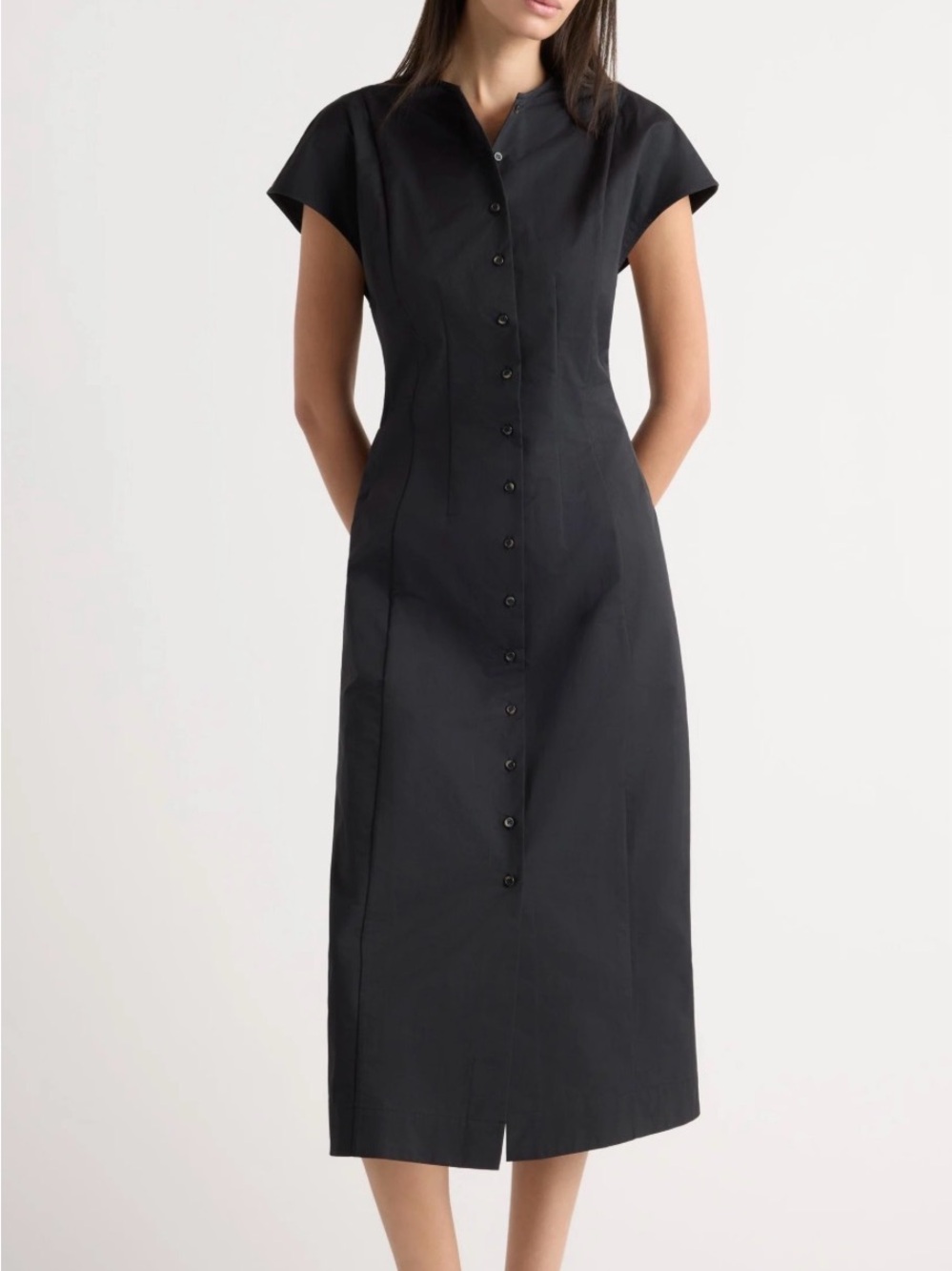 Modern Citizen Black Button-Front Cap Sleeve Midi Dress